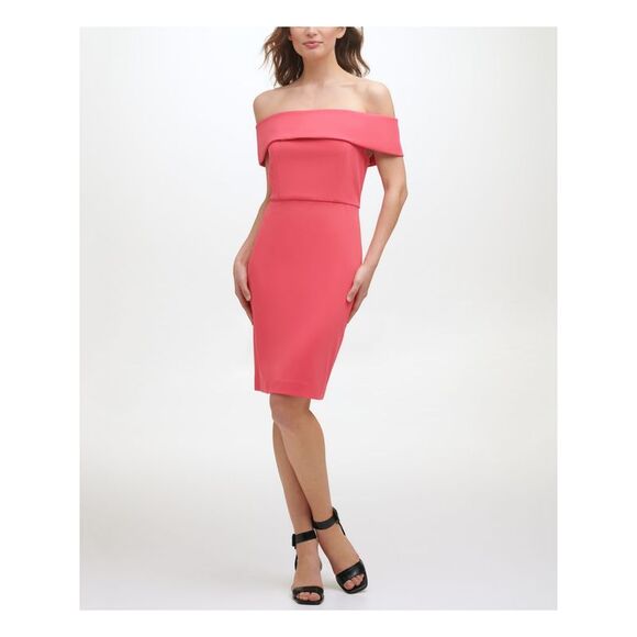 NWT CALVIN KLEIN Womens Coral Waistline Seam Fold Over Short Sleeve Dress 2 - Picture 1 of 5